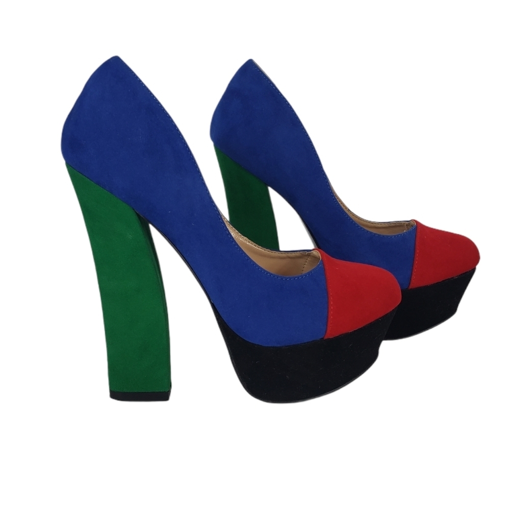 Faux Suede Colorblock Platform Heels Size 8.5 Round Toe Chunky Cosplay Costume - Picture 1 of 9